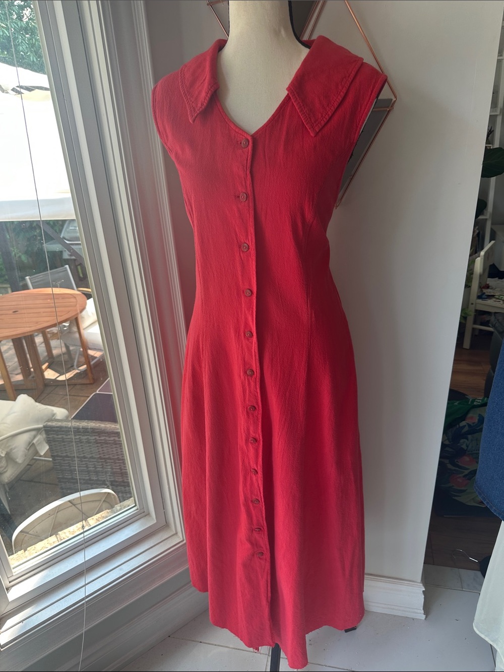VINTAGE Y2K 90s Retro Coral Red Button-Front Sleeveless Maxi Dress Cotton Medium